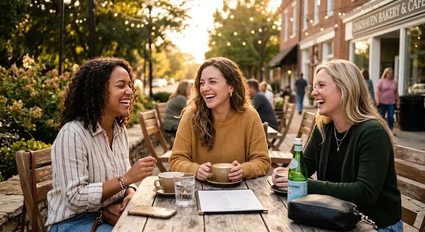 Three women sit at an outdoor café table, laughing and enjoying drinks together. The setting is a charming street with string lights and a bakery in the background, creating a warm, inviting atmosphere.